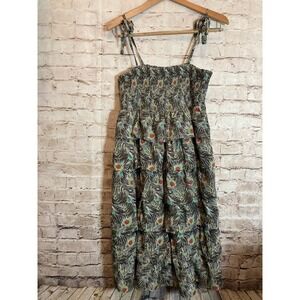 Liberty of London Dress Women Large Peacock Print Tiered Bow Tie Sleeves Smocked